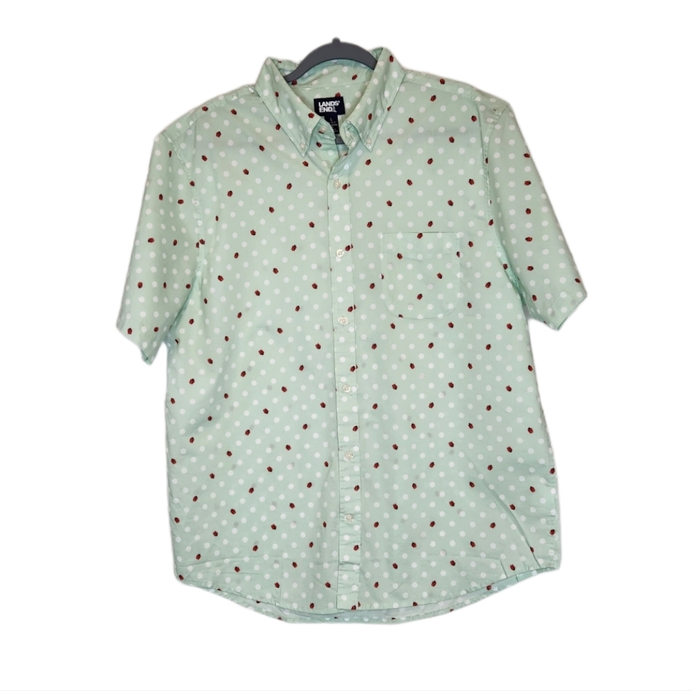 Lands' End Traditional Fit Ladybug Polka Dot Print Button Down Shirt L - Picture 1 of 6